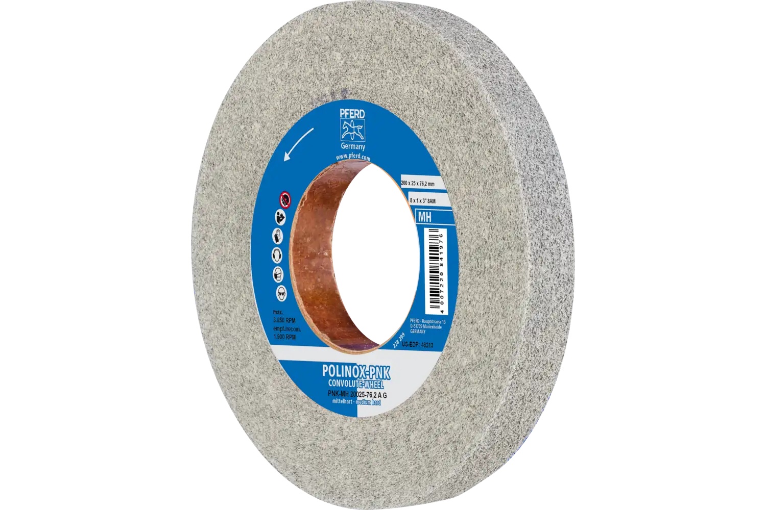 Picture of Pferd Polinox® Convolute Wheel, 8" X 1 X 3, Coarse, Medium-Hard, 8Am, Aluminum Oxide